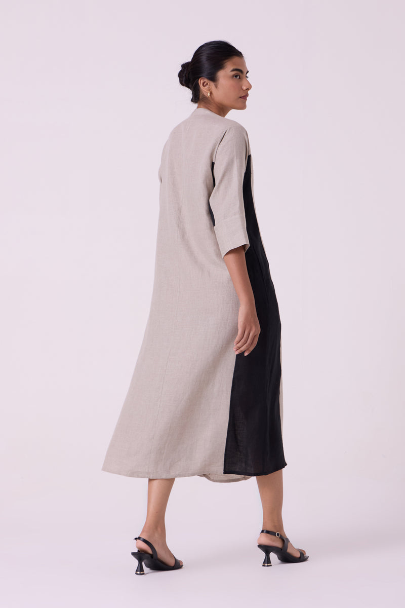 Kaku Beige Linen Panelled Midi Dress linen dress by The Summer House in beige for women Worldwide