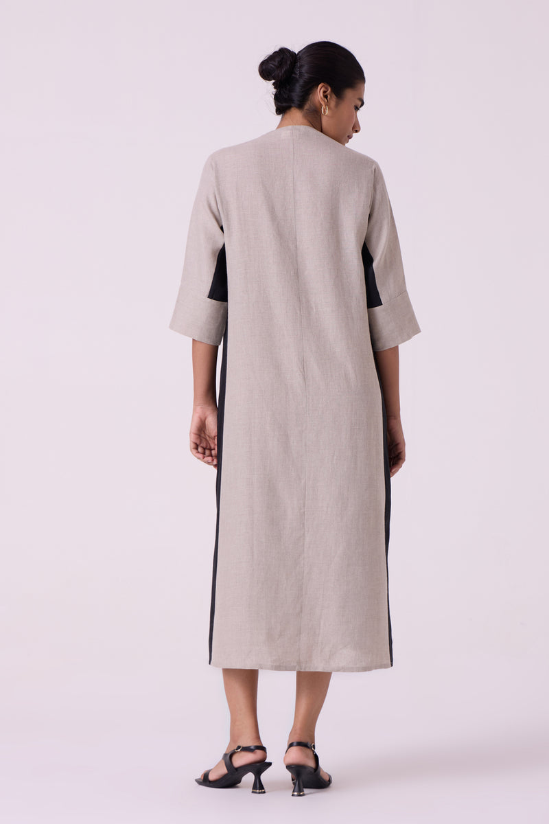 Kaku Beige Linen Panelled Midi Dress linen dress by The Summer House in beige for women Worldwide