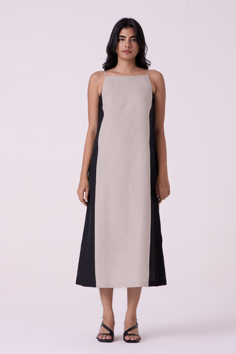 Kei Beige Linen Panelled Midi Dress linen dress by The Summer House in beige for women Worldwide