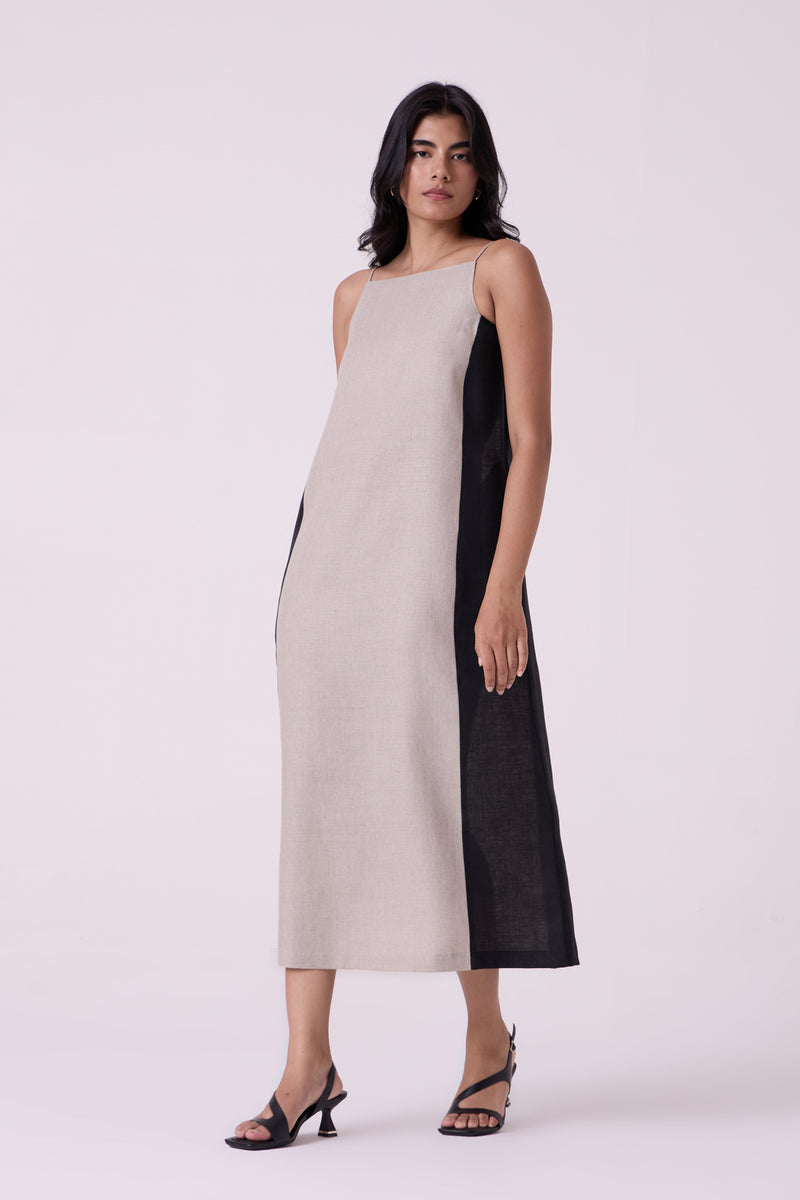 Kei Beige Linen Panelled Midi Dress linen dress by The Summer House in beige for women Worldwide