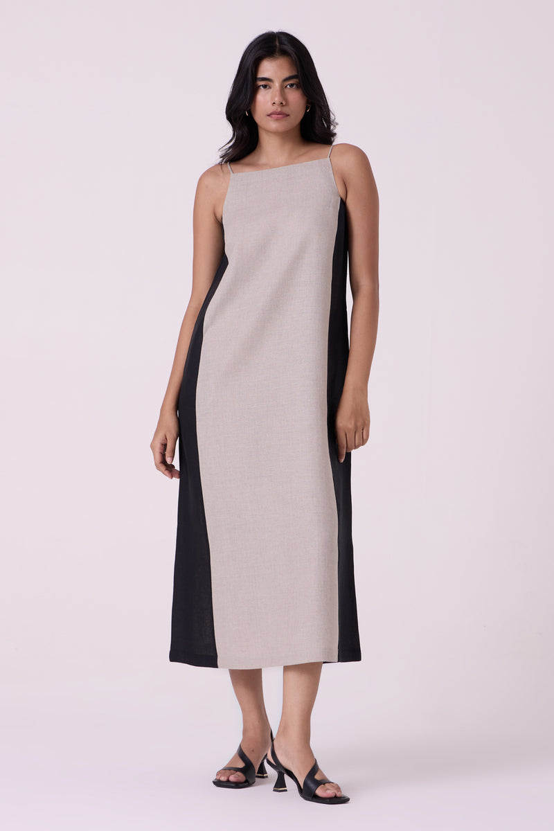 Kei Beige Linen Panelled Midi Dress linen dress by The Summer House in beige for women Worldwide