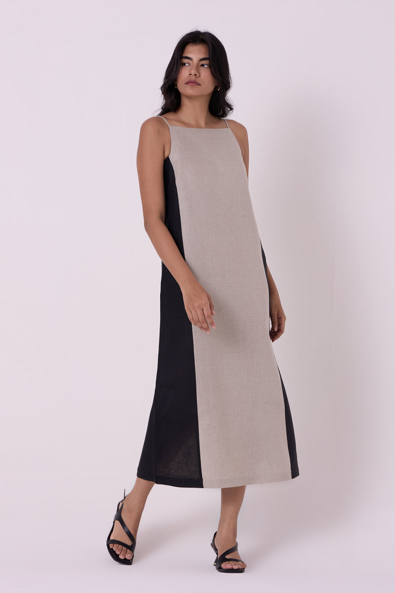 Kei Beige Linen Panelled Midi Dress linen dress by The Summer House in beige for women Worldwide