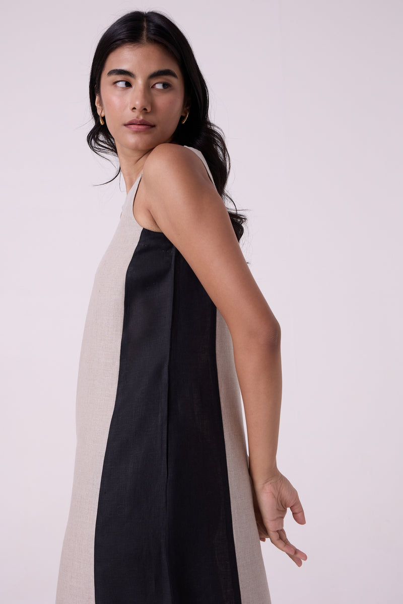 Kei Beige Linen Panelled Midi Dress linen dress by The Summer House in beige for women Worldwide