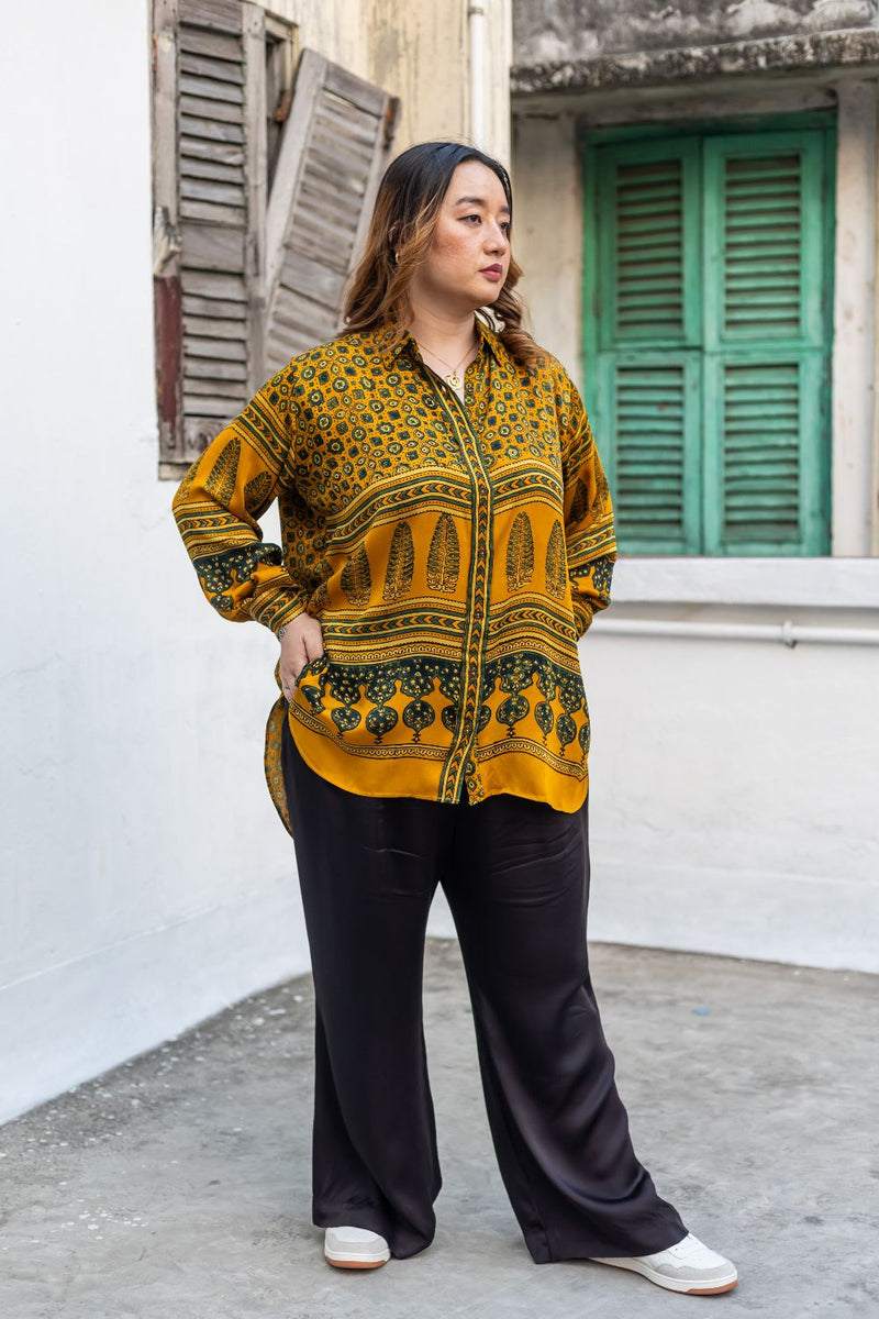 Hyde Yellow Hi-Low Shirt with Pants satin by PRAHNAAYA in yellow color for women Worldwide