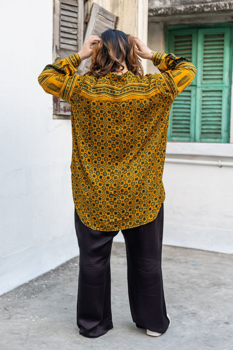 Hyde Yellow Hi-Low Shirt with Pants satin by PRAHNAAYA in yellow color for women Worldwide