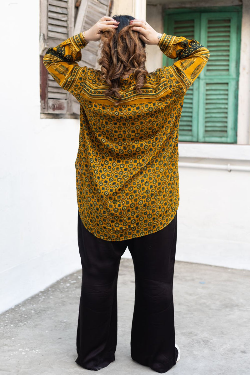 Hyde Yellow Hi-Low Shirt with Pants satin by PRAHNAAYA in yellow color for women Worldwide