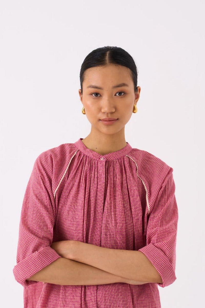 GATHER NECK SHIRT-PINK CHECK mul by THREE in pink color for women Worldwide