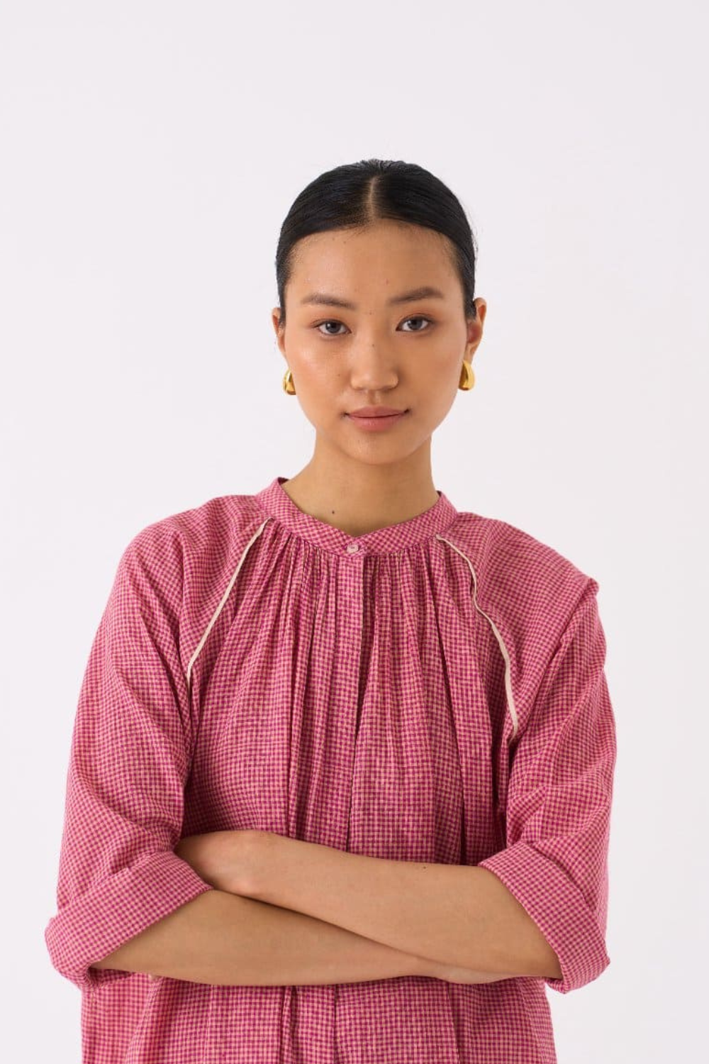 GATHER NECK SHIRT-PINK CHECK