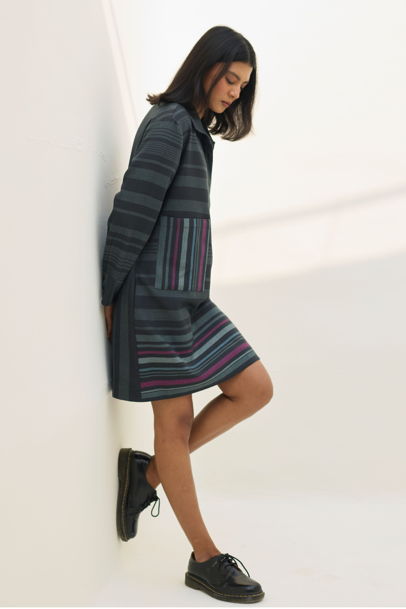 Eden Patch Pocket Dress - Charcoal all linen by Manan in charcoal color for women Worldwide