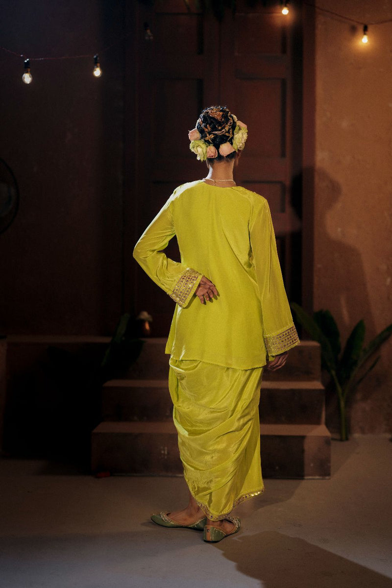 Veere Tunic Jacket with pleated skirt- Sublime Neon silk by PRAHNAAYA in neon color for women Worldwide