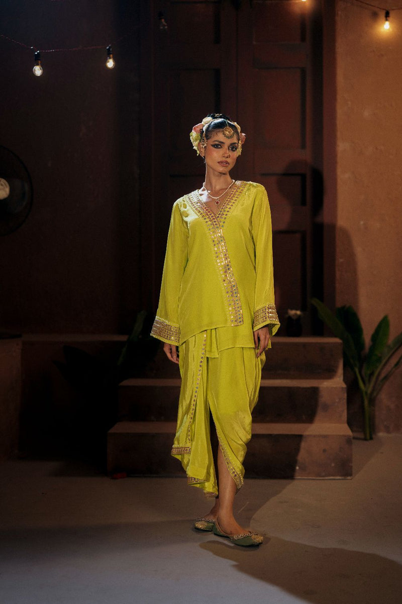 Veere Tunic Jacket with pleated skirt- Sublime Neon silk by PRAHNAAYA in neon color for women Worldwide