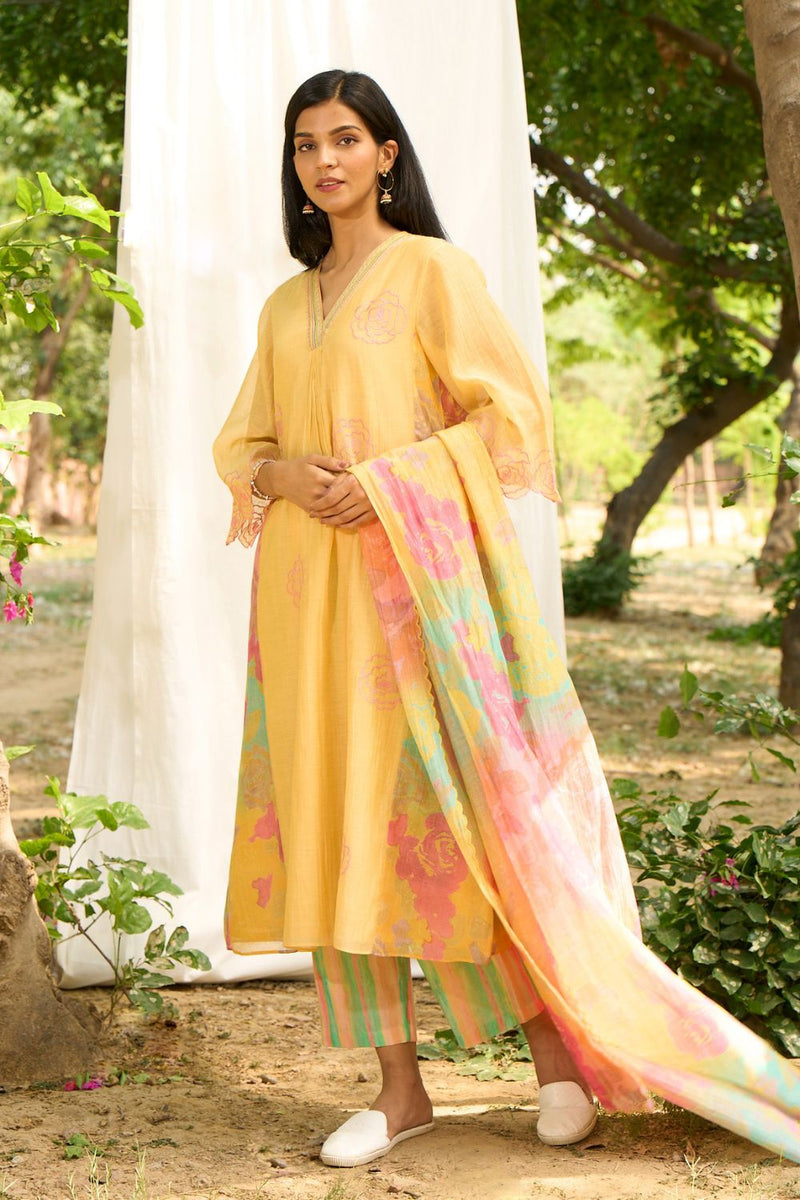 Rajhans Kurta Set silk by Priti Prashant in yellow color for women Worldwide