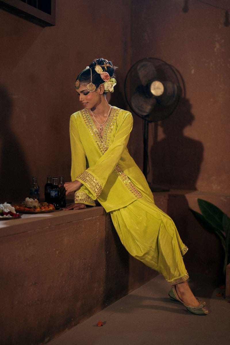 Veere Tunic Jacket with pleated skirt- Sublime Neon silk by PRAHNAAYA in neon color for women Worldwide
