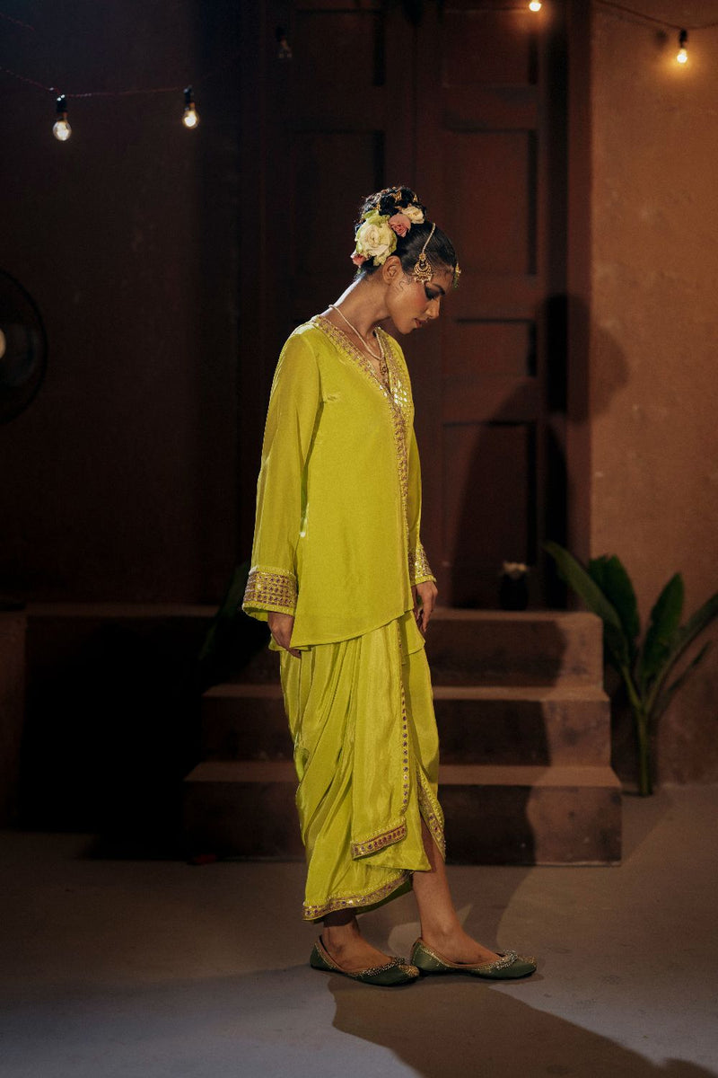 Veere Tunic Jacket with pleated skirt- Sublime Neon silk by PRAHNAAYA in neon color for women Worldwide