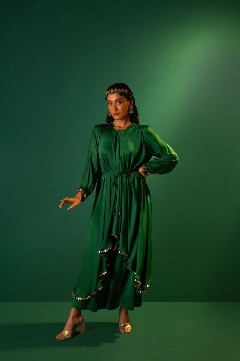 Chamakeen Masai Green Anti Fit Kurta with oversized pant satin by PRAHNAAYA in green color for women Worldwide