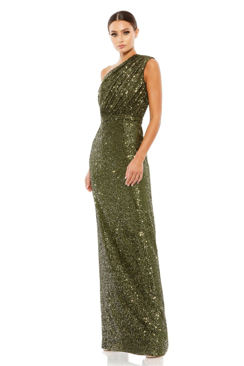 26694-Sequined Ruched One Shoulder Gown by Mac Duggal in olive color for women Worldwide