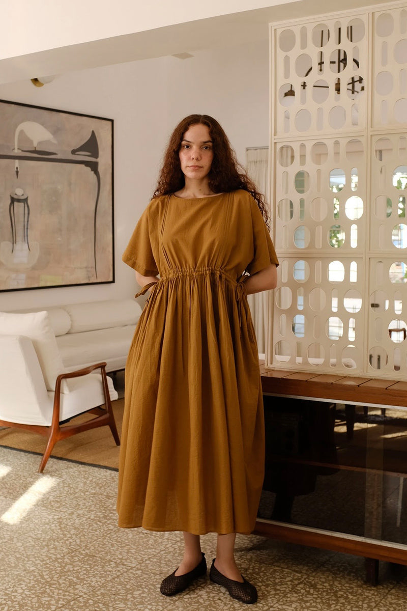 Terra Dress handwoven cotton dress by MASON AND MILL in mustard yellow for women Worldwide