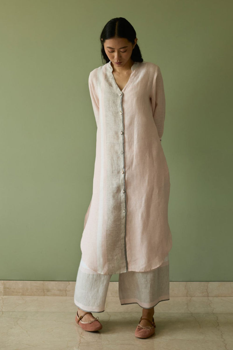 Mori Border Linen Shirt Kurta-Blush linen by Manan in blush color for women Worldwide