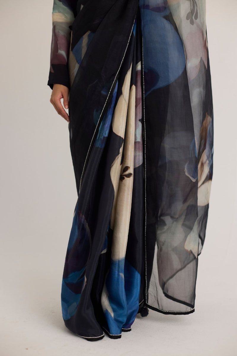ROCCO HALF SILK & HALF ORGANZA SAREE organza by Yam in black color for women Worldwide