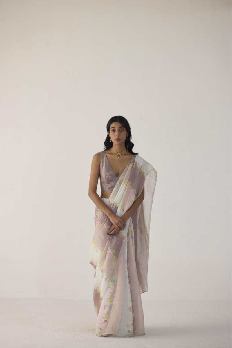 Meander Linen Brown Sari by Nadiya Paar in brown color for women Worldwide