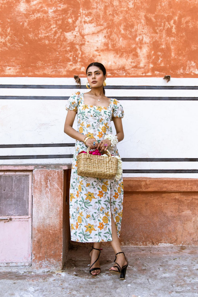 Honey Dew Midi Dress - Off Shoulder Printed Cotton Midi Dress cotton Dress by Marche in white color for women Worldwide