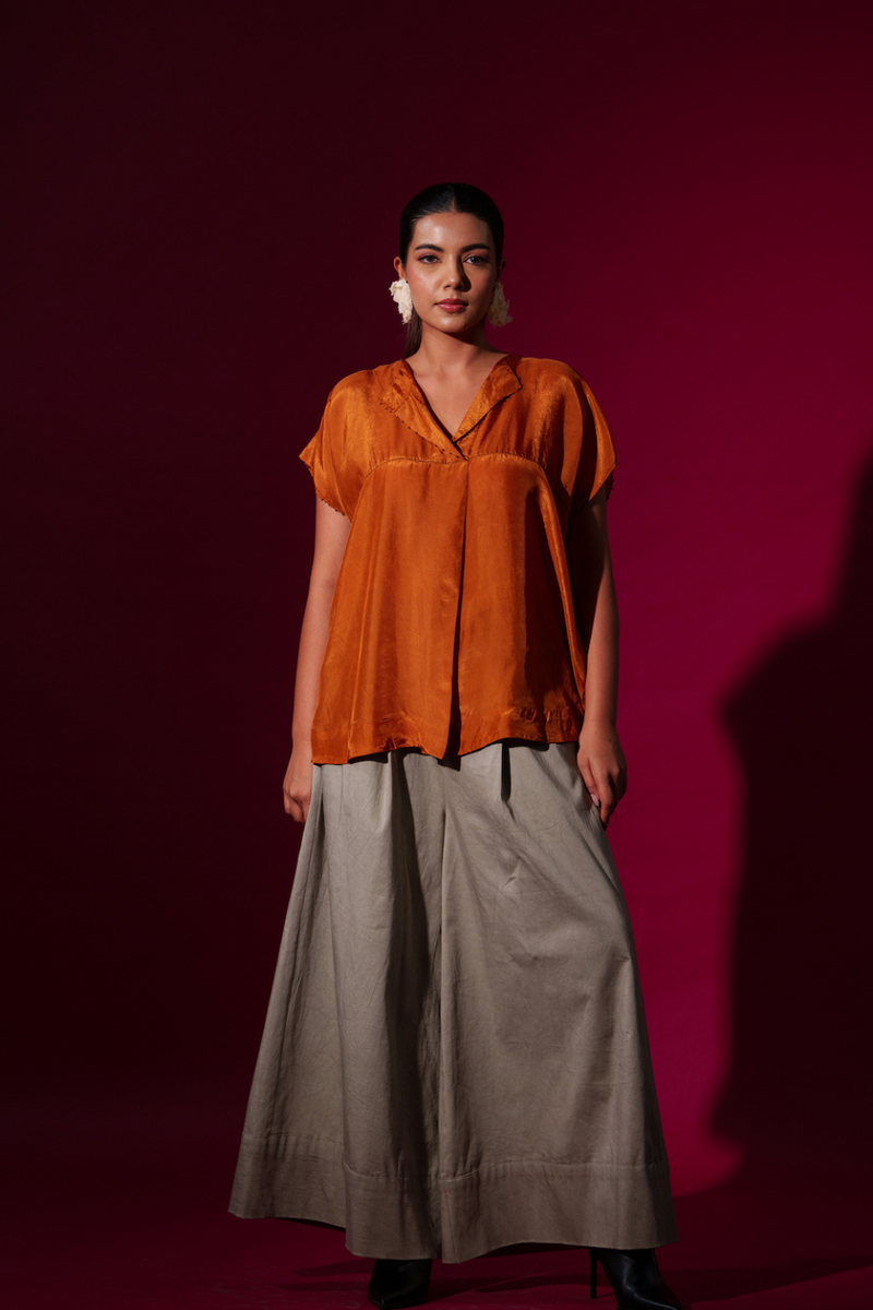 Prosper Top-Rust orange + Black upada silk tops and shirts by Stoique in rust orange, black for women Worldwide