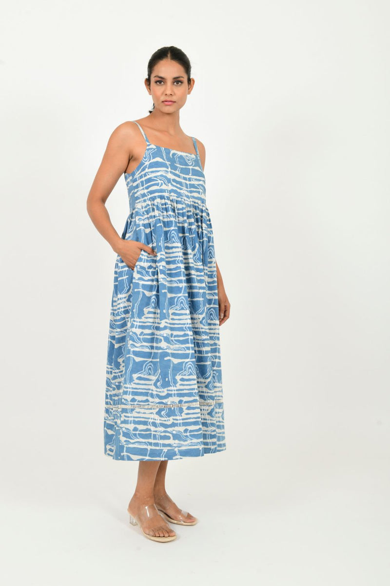 INDIGO SPLASH GATHER DRESS cotton Dresses,Short and Midi Dresses by Rias in blue color for women Worldwide