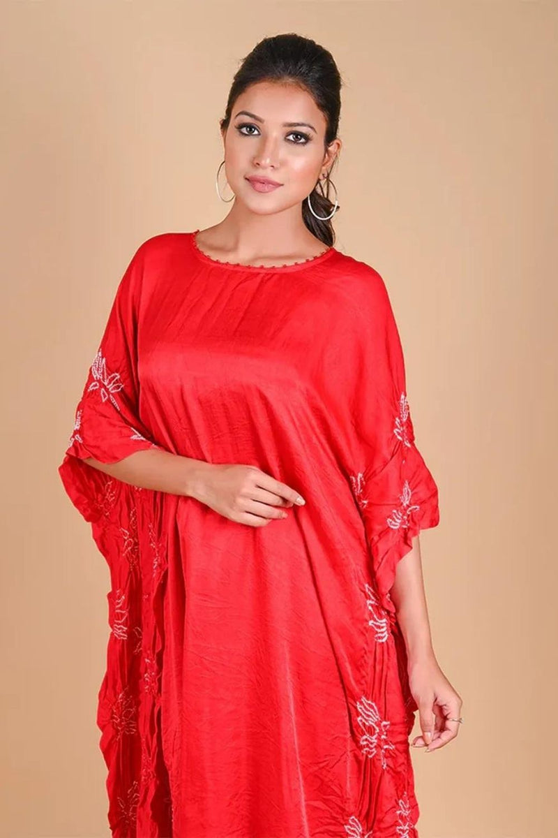 LOTUS KAFTAN-RED silk by Dyelogue in red color for women Worldwide