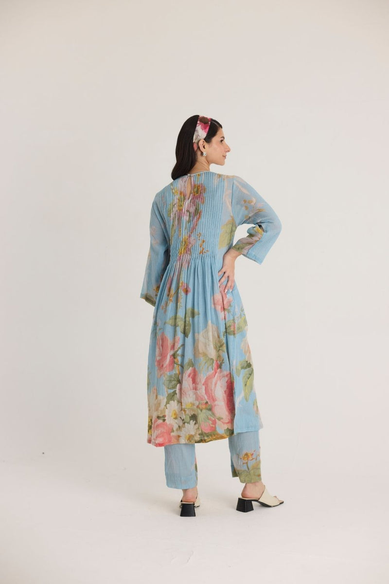 TAFFY PINTUCKS KURTA SET cotton by Yam in blue color for women Worldwide