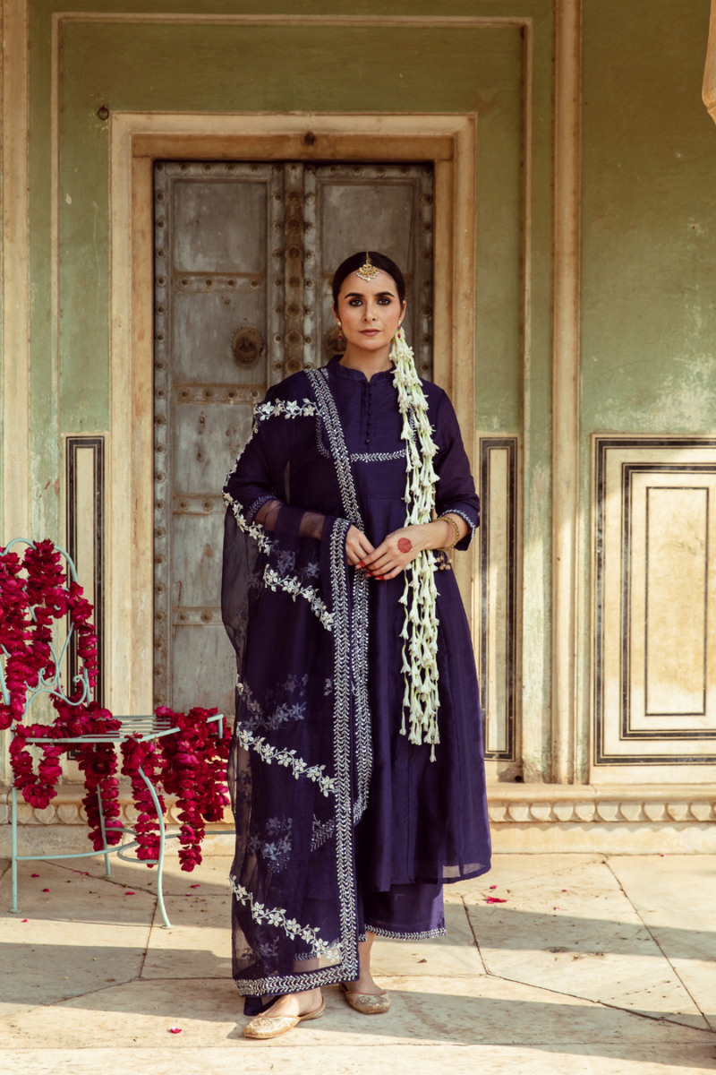 Deep Violet Vintage Zardozi Kurta Set silk by Maison Shefali for women Worldwide