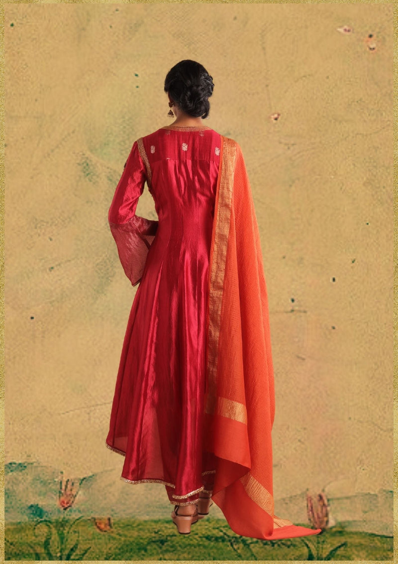 Gulal Kurta Set (MYO-2469- Dwarka) chanderi by Myoho in red color for women Worldwide