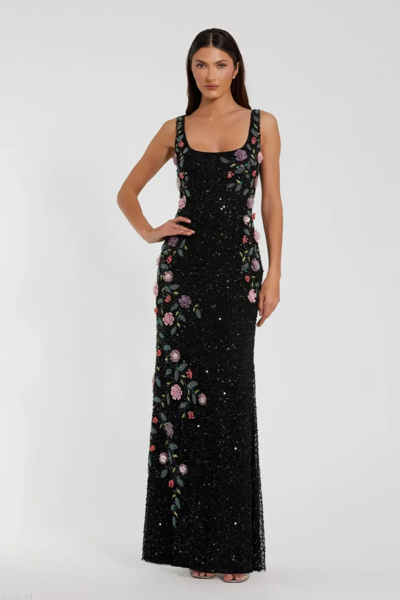 Black Floral Beaded Mesh Scoop Neck Sleeveless Gown by Mac Duggal in black color for women Worldwide