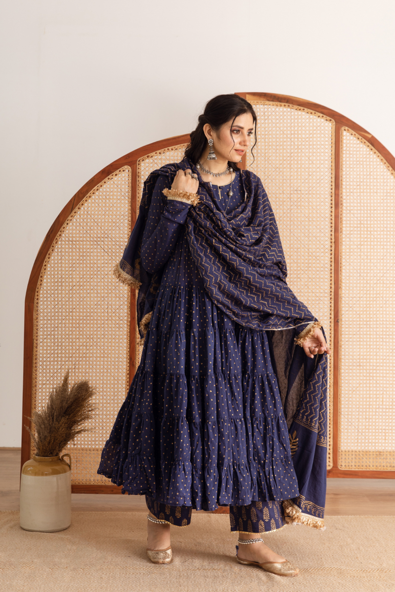 Neela Kurta Set - blue hand printed cotton kalidar suit set cotton by Maison Shefali in blue color for women Worldwide