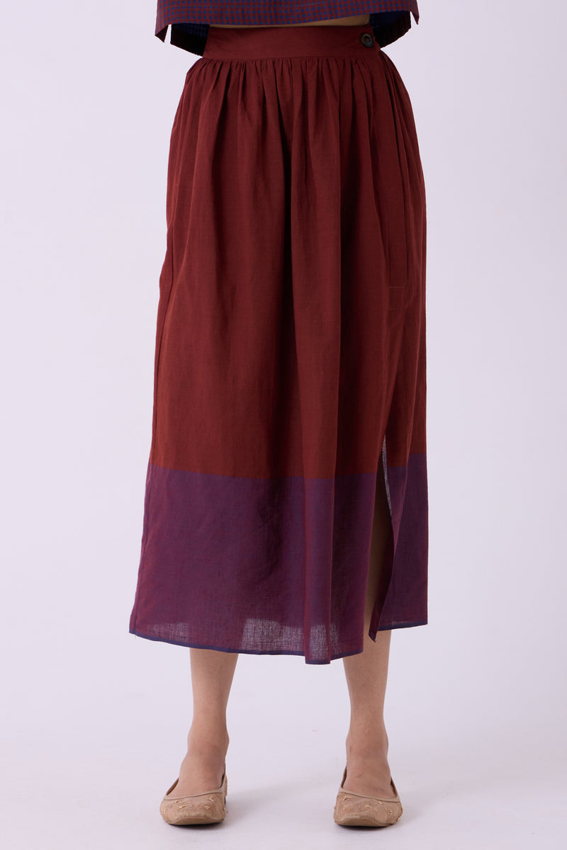 Fuwari Brown Colourblocked Handwoven Midi Skirt handwoven cotton skirt by The Summer House in brown for women Worldwide