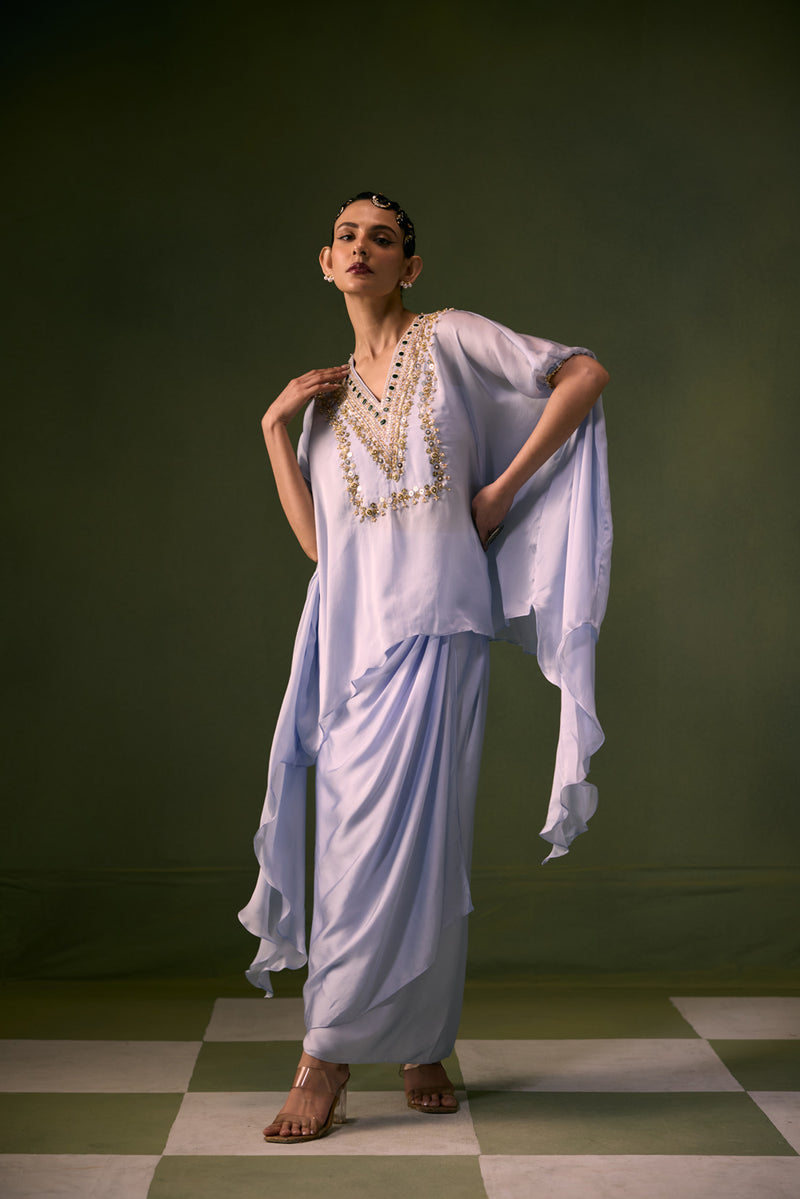 Cove Ice Blue Antifit Asymmetric Top with Wrap Skirt vegan satin, organza satin indo-western by PRAHNAAYA in sky for women Worldwide