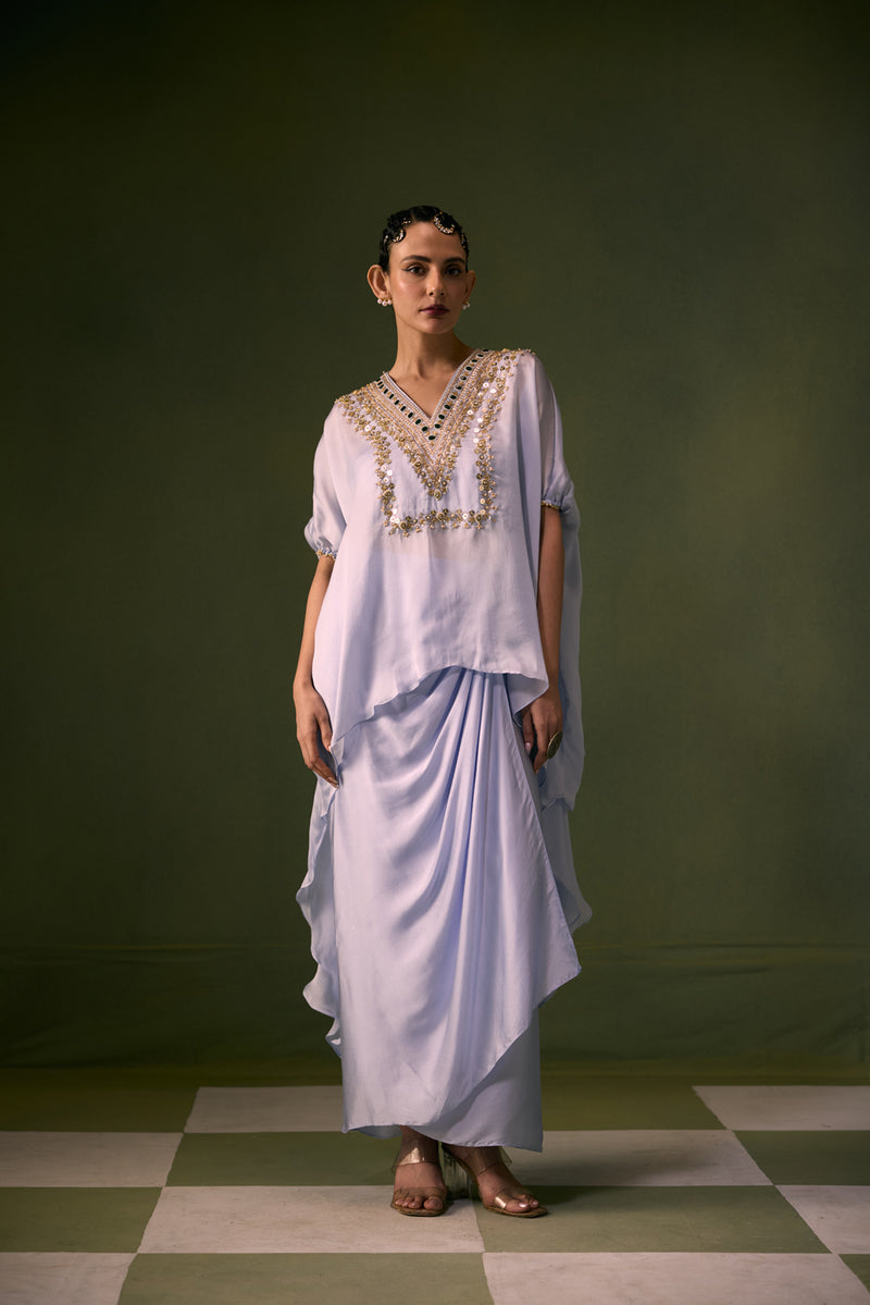 Cove Ice Blue Antifit Asymmetric Top with Wrap Skirt vegan satin, organza satin indo-western by PRAHNAAYA in sky for women Worldwide