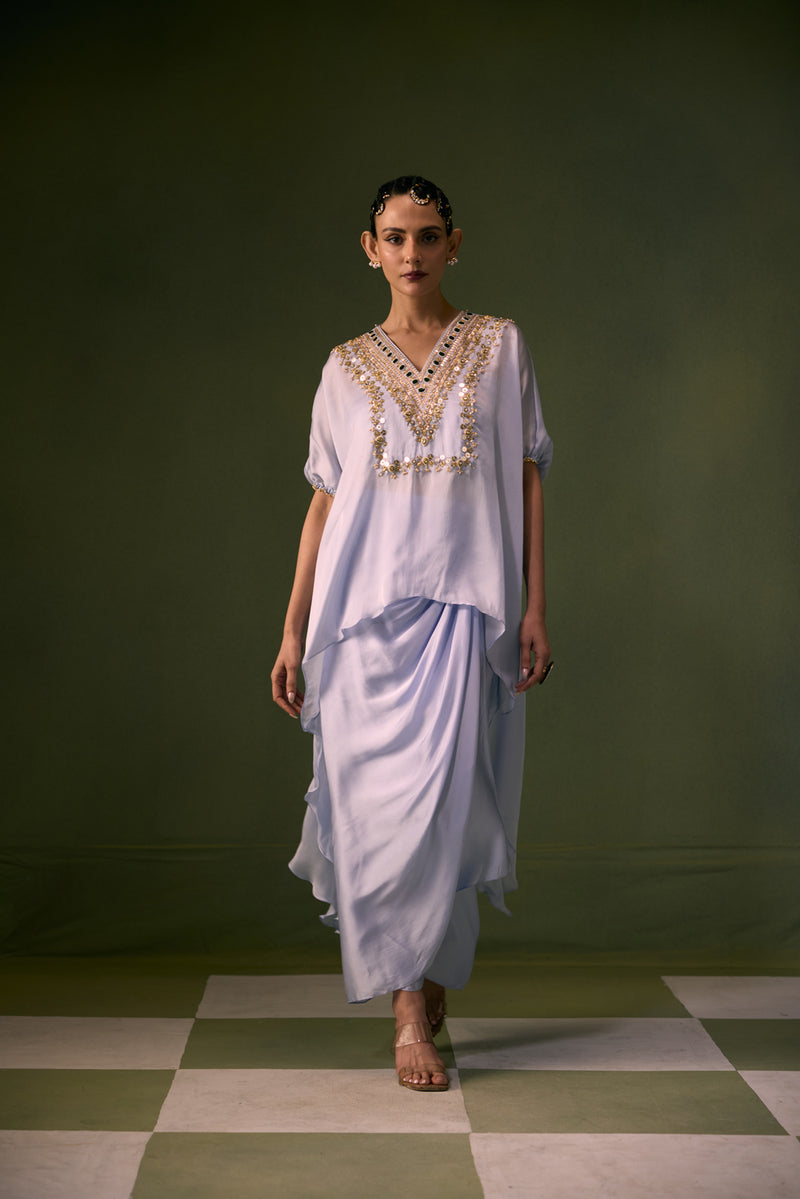 Cove Ice Blue Antifit Asymmetric Top with Wrap Skirt vegan satin, organza satin indo-western by PRAHNAAYA in sky for women Worldwide
