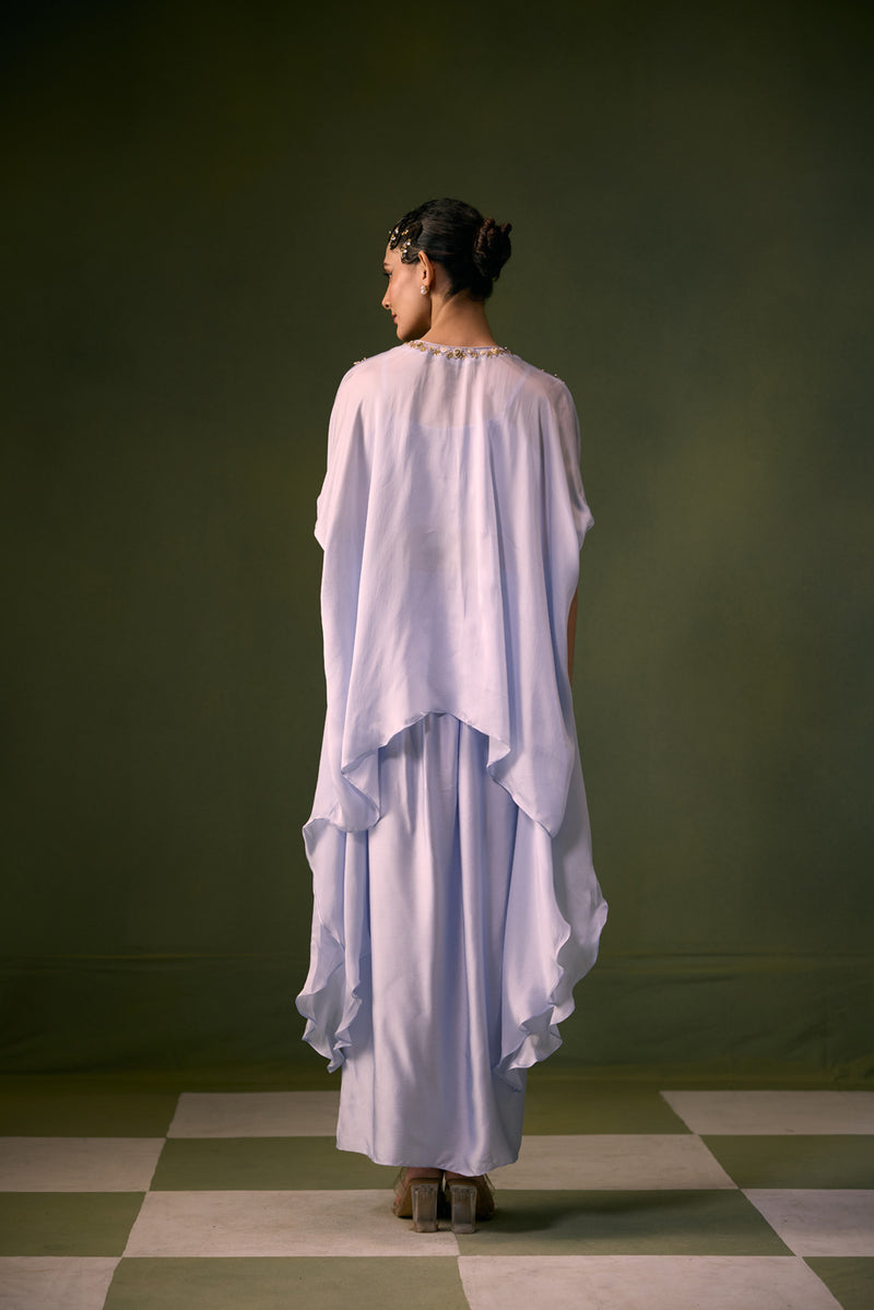 Cove Ice Blue Antifit Asymmetric Top with Wrap Skirt vegan satin, organza satin indo-western by PRAHNAAYA in sky for women Worldwide