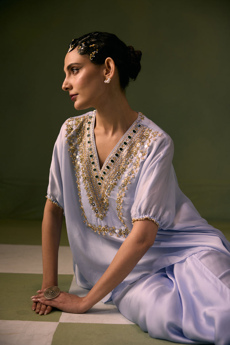 Cove Ice Blue Antifit Asymmetric Top with Wrap Skirt vegan satin, organza satin indo-western by PRAHNAAYA in sky for women Worldwide
