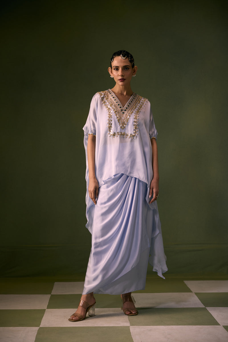 Cove Ice Blue Antifit Asymmetric Top with Wrap Skirt vegan satin, organza satin indo-western by PRAHNAAYA in sky for women Worldwide