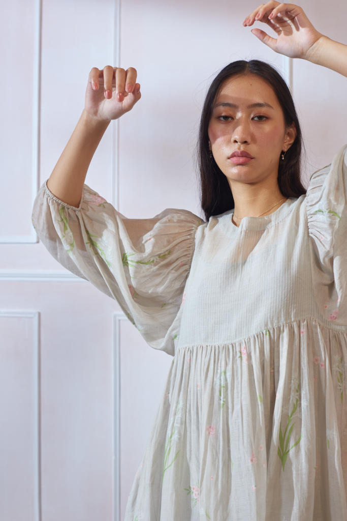 Rajnigandha June Dress silk by Nadiya Paar in beige color for women Worldwide