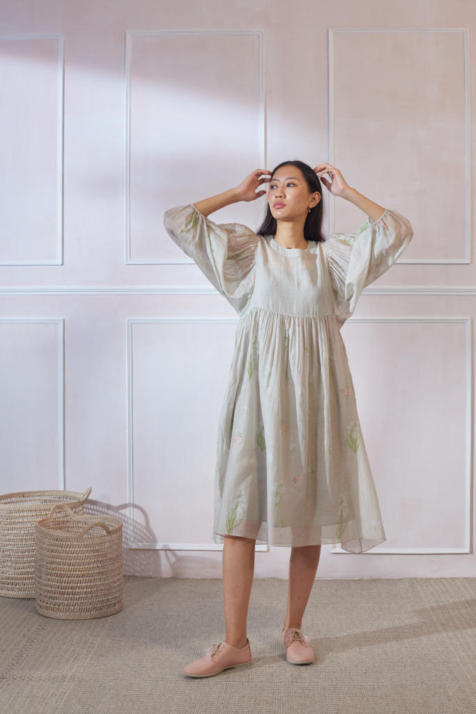 Rajnigandha June Dress silk by Nadiya Paar in beige color for women Worldwide