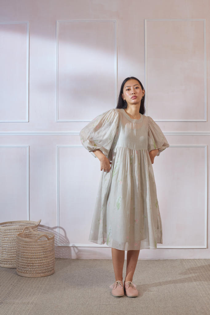 Rajnigandha June Dress silk by Nadiya Paar in beige color for women Worldwide