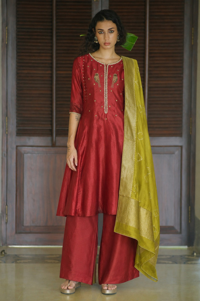 Vayu Kurta Set dupion, chanderi silk kurta/kurta set by Myoho in red for women Worldwide