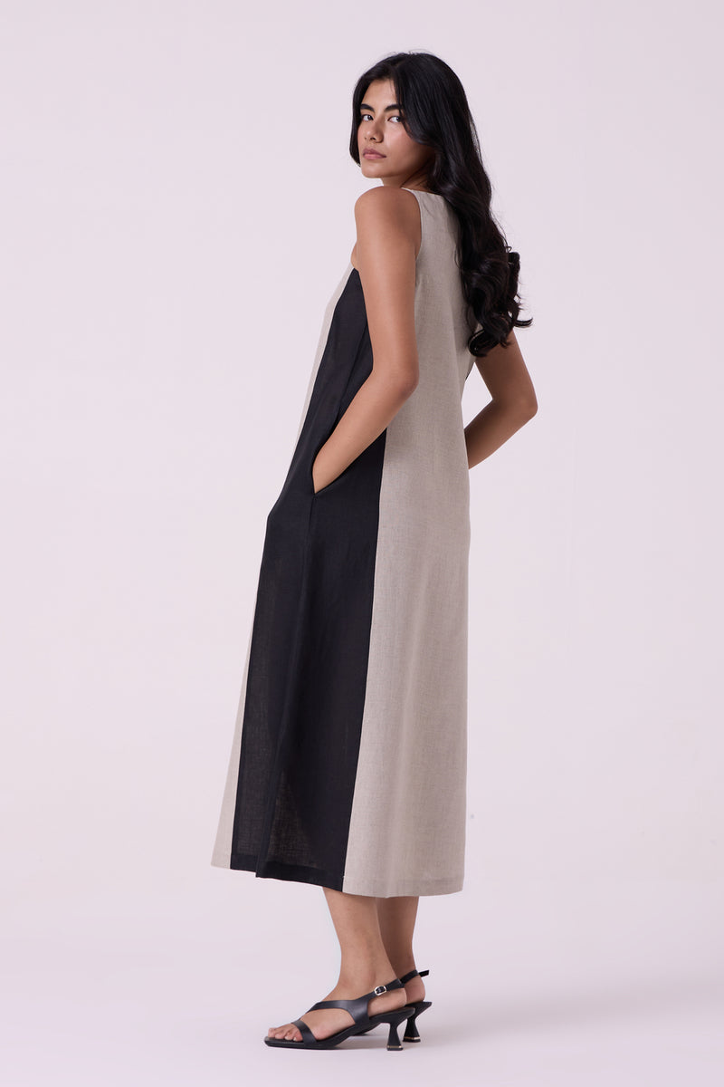 Kei Beige Linen Panelled Midi Dress linen dress by The Summer House in beige for women Worldwide
