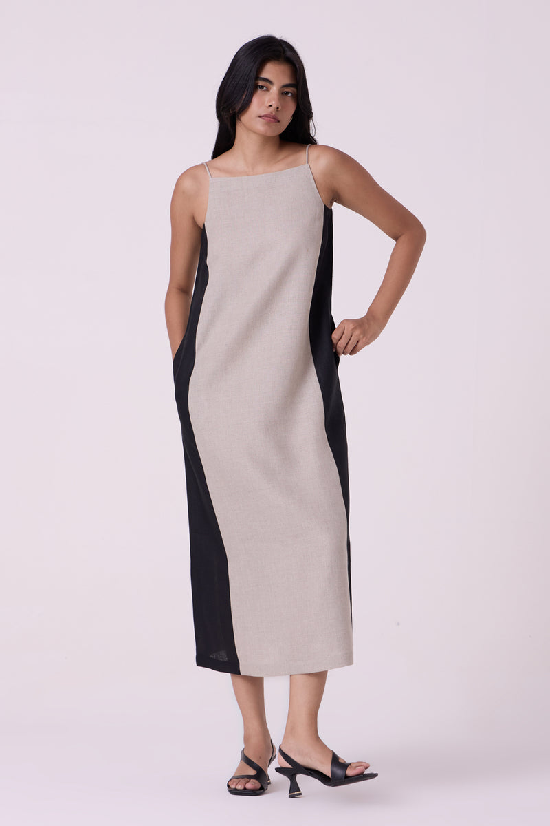 Kei Beige Linen Panelled Midi Dress linen dress by The Summer House in beige for women Worldwide