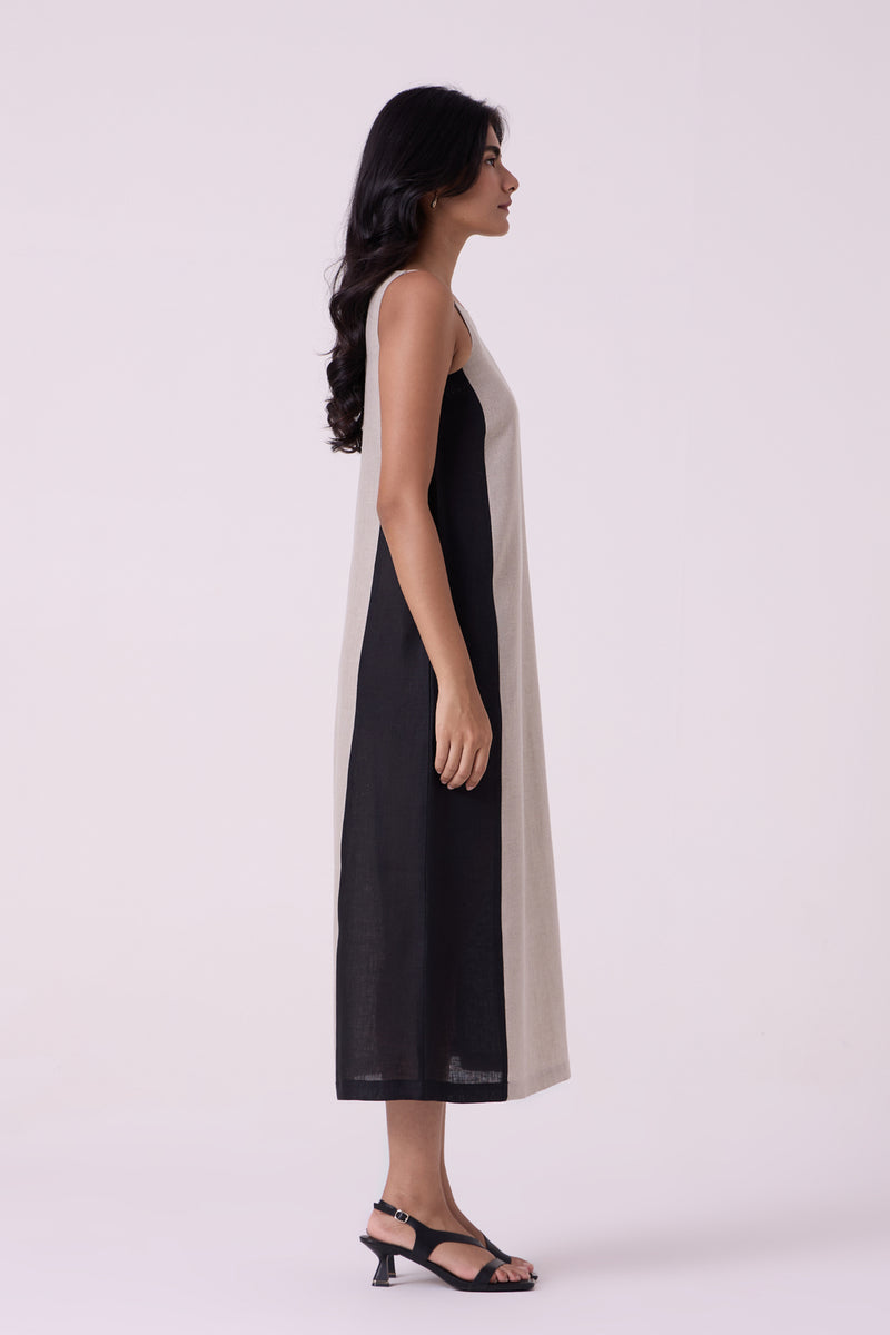 Kei Beige Linen Panelled Midi Dress linen dress by The Summer House in beige for women Worldwide