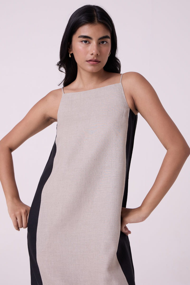 Kei Beige Linen Panelled Midi Dress linen dress by The Summer House in beige for women Worldwide