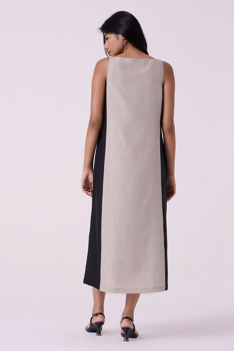 Kei Beige Linen Panelled Midi Dress linen dress by The Summer House in beige for women Worldwide