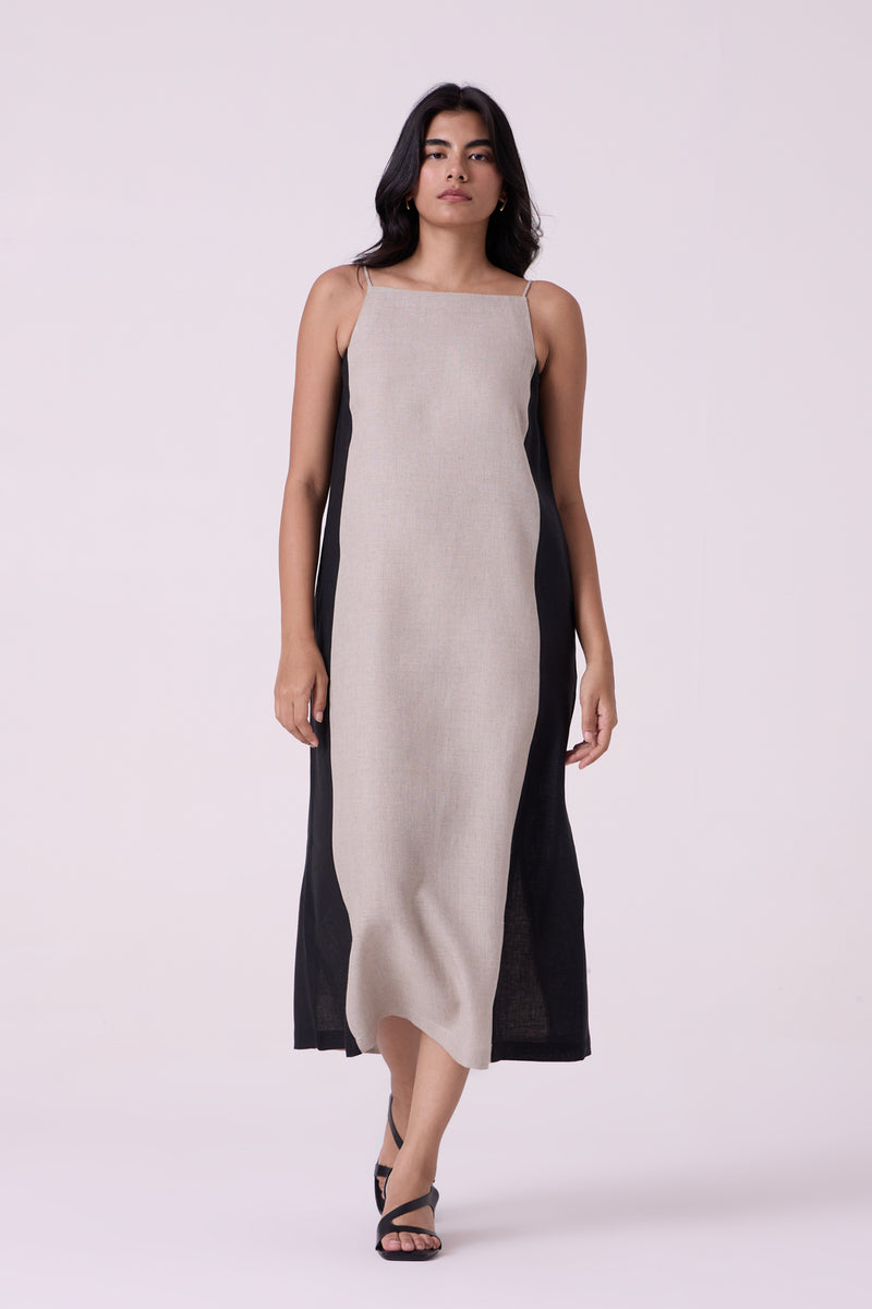 Kei Beige Linen Panelled Midi Dress linen dress by The Summer House in beige for women Worldwide
